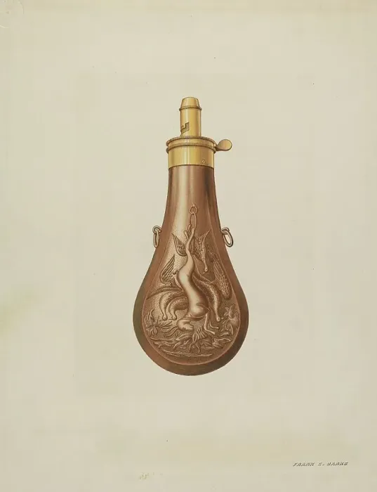 Framed Print : Powder Flask, c. 1938. Creator: Frank C. Barks Framed Print : Powder Flask, c. 1938. Creator: Frank C. Barks