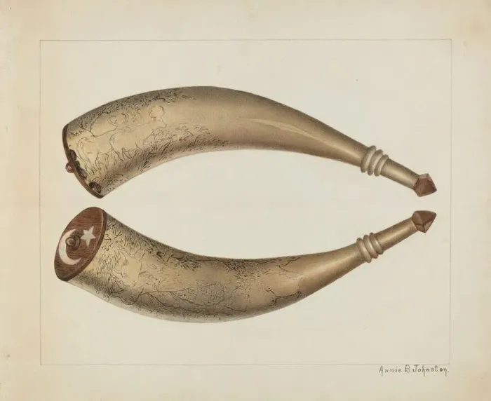 Framed Print : Powder Horn, 1938. Creator: Annie B Johnston Framed Print : Powder Horn, 1938. Creator: Annie B Johnston