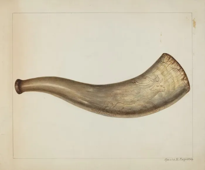 Framed Print : Powder Horn, c. 1938. Creator: Annie B Johnston Framed Print : Powder Horn, c. 1938. Creator: Annie B Johnston
