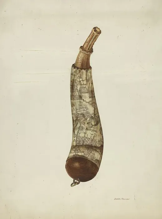 Framed Print : Powder Horn, c. 1940. Creator: Edith Towner Framed Print : Powder Horn, c. 1940. Creator: Edith Towner