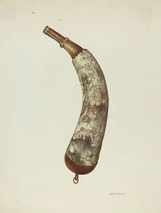 Framed Print : Powder Horn, c. 1940. Creator: Edith Towner Framed Print : Powder Horn, c. 1940. Creator: Edith Towner