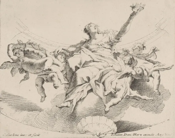 Framed Print : Power, represented by a woman seated on clouds holding a crown and surrounded by putti Framed Print : Power, represented by a woman seated on clouds holding a crown and surrounded by putti