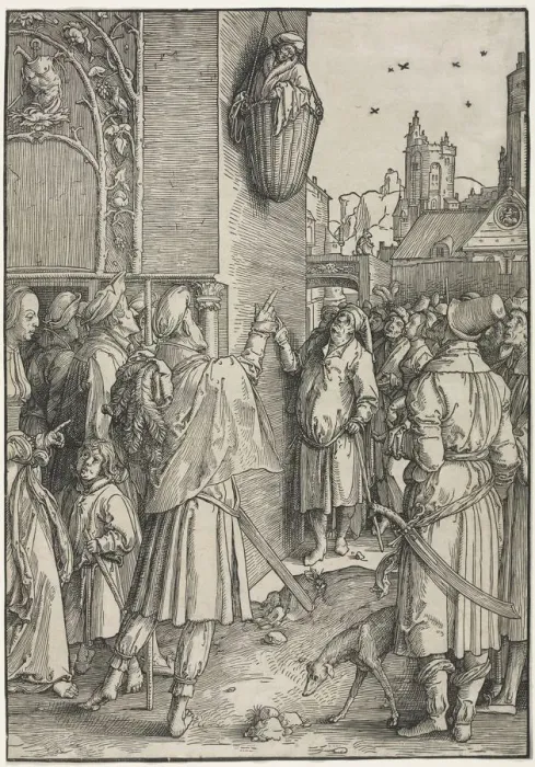 Framed Print : The Power of Women: The Poet Virgil Suspended in a Basket, c. 1512. Creator: Lucas van Leyden Framed Print : The Power of Women: The Poet Virgil Suspended in a Basket, c. 1512. Creator: Lucas van Leyden