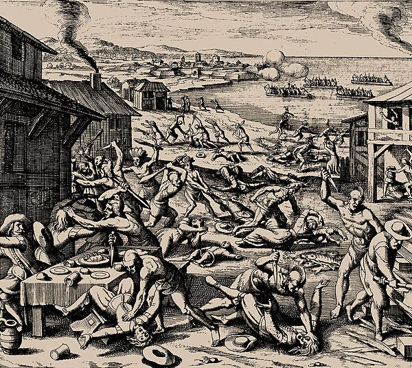 Powhatan attack on 22 March 1622, 1628. Creator: Merian, Matthaus, the Elder (1593-1650)