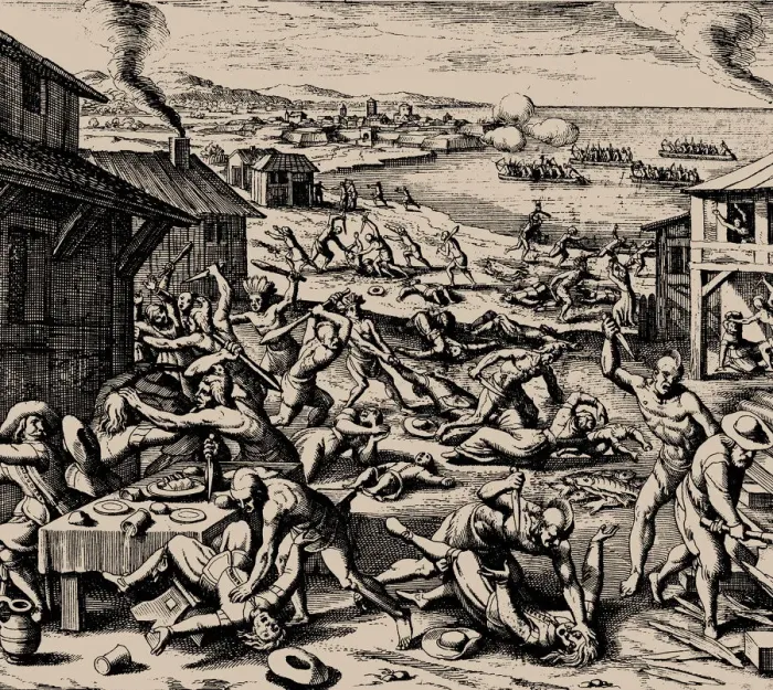 Framed Print : Powhatan attack on 22 March 1622, 1628. Creator: Merian, Matthaus, the Elder (1593-1650) Framed Print : Powhatan attack on 22 March 1622, 1628. Creator: Merian, Matthaus, the Elder (1593-1650)