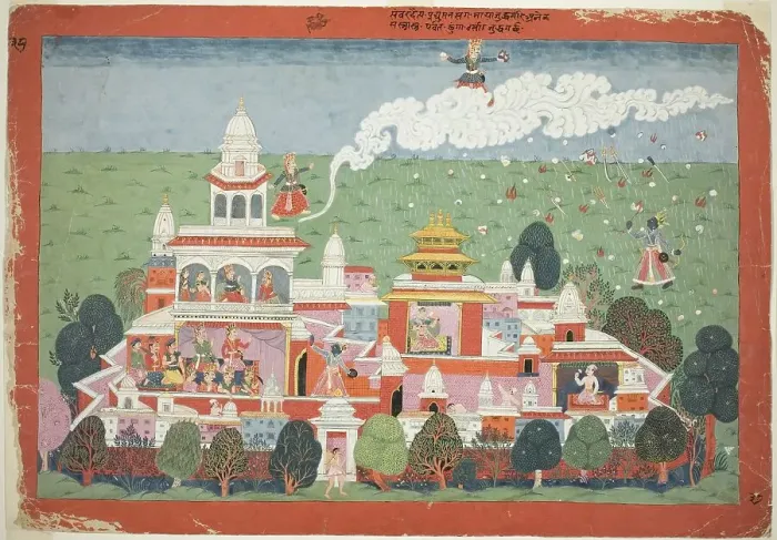 Framed Print : Pradyumna Enters the Palace of the Demon Sambar and Challenges him to Battle, page... c. 1775. Creator: Unknown