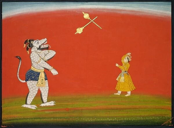 Pradyumna and Samvara fight with maces: Leaf from the Large Basohli Bhagavata Purana'