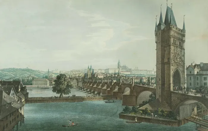 Framed Print : Prague. Hradcany, Lesser Town. Old Town Bridge Tower. View from the southeast, c 1840. Creator: Richter, Carl August (1785-1853) Framed Print : Prague. Hradcany, Lesser Town. Old Town Bridge Tower. View from the southeast, c 1840. Creator: Richter, Carl August (1785-1853)