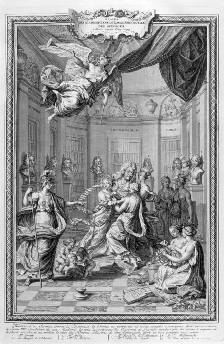 Framed Print : Praise of Academiciens of the Royal Academy of Science... 1728. Artist: Bernard Picart Framed Print : Praise of Academiciens of the Royal Academy of Science... 1728. Artist: Bernard Picart