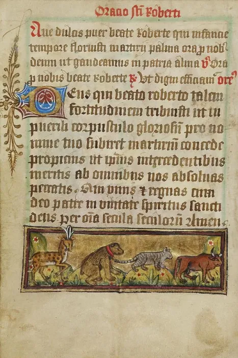 Framed Print : Prayer to Robert of Bury with Four Animals in Procession; Illustrated Vita Christi... about 1480-14 Creator: Unknown Framed Print : Prayer to Robert of Bury with Four Animals in Procession; Illustrated Vita Christi... about 1480-14 Creator: Unknown