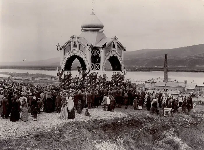 Framed Print : A prayer service at the laying of a railway bridge over the Yenisei River, 1896. Creator: IR Tomashkevich Framed Print : A prayer service at the laying of a railway bridge over the Yenisei River, 1896. Creator: IR Tomashkevich