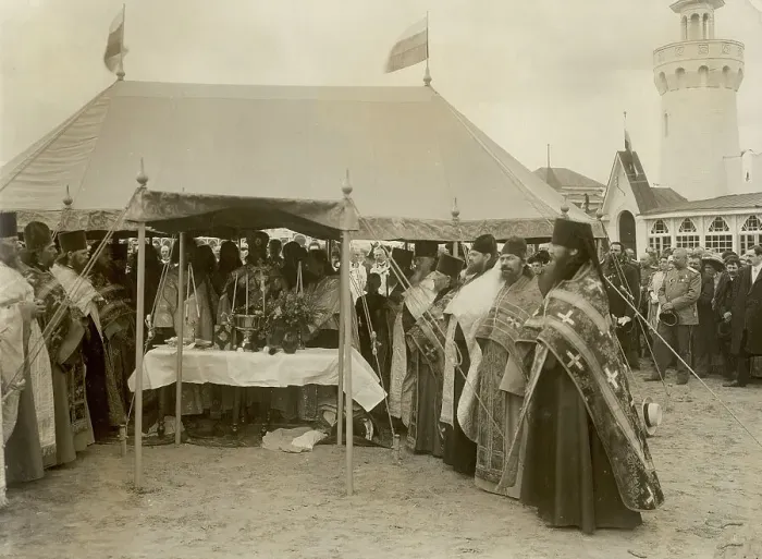 Framed Print : Prayer service before the opening of the exhibition, 1911. Creator: A. A. Antonov