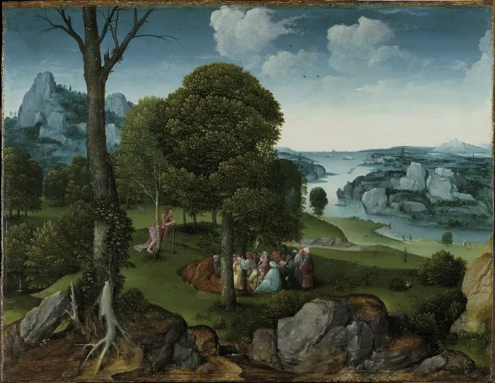 Framed Print : The Preaching of Saint John the Baptist. Creator: Patinier, Joachim (ca. 1480-1524)