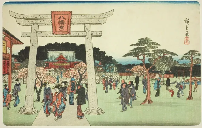 Framed Print : The Precincts of the Hachiman Shrine in Fukagawa (Fukagawa Hachiman no keidai)... c. 1839 / 42. Creator: Ando Hiroshige Framed Print : The Precincts of the Hachiman Shrine in Fukagawa (Fukagawa Hachiman no keidai)... c. 1839 / 42. Creator: Ando Hiroshige
