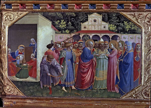 Predella of the betrothal, one of the five small tables that make up the Annunciation