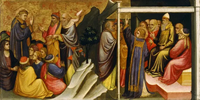 Framed Print : Predella Panel: Saint Stephen before the High Priest and Elders of the Sanhedrin. Artist: Mariotto di Nardo (active 1394-1424) Framed Print : Predella Panel: Saint Stephen before the High Priest and Elders of the Sanhedrin. Artist: Mariotto di Nardo (active 1394-1424)