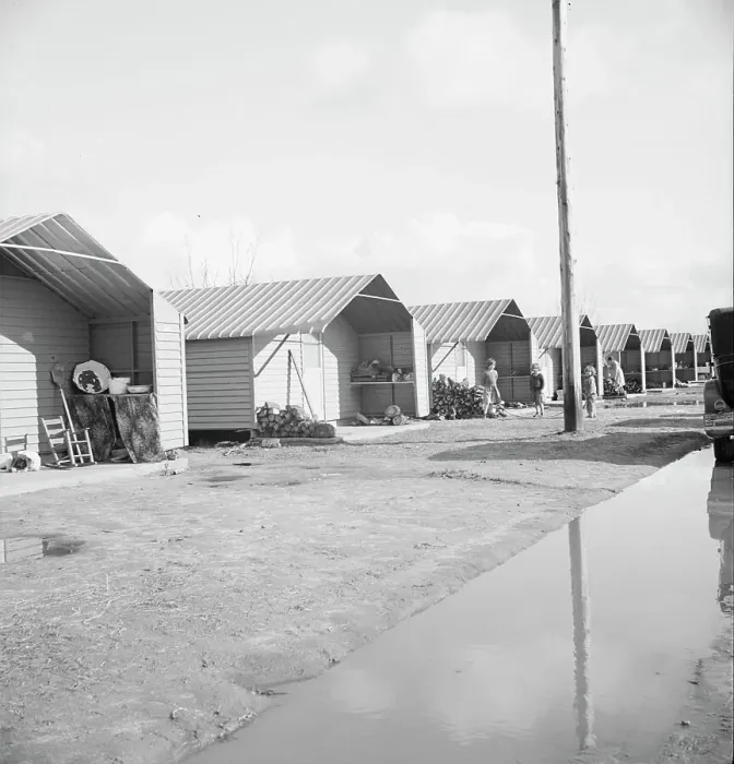 Framed Print : Prefabricated steel dwellings, Farm Security Administration, Farmersville, California, 1939. Creator: Dorothea Lange Framed Print : Prefabricated steel dwellings, Farm Security Administration, Farmersville, California, 1939. Creator: Dorothea Lange