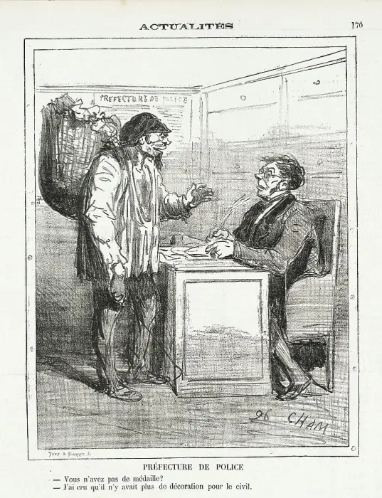 Framed Print : Prefecture de police -Vous n'avez pas de médailles? -J'ai cru qu'il n'y avait plus de... 1872. Creator: Cham Framed Print : Prefecture de police -Vous n'avez pas de médailles? -J'ai cru qu'il n'y avait plus de... 1872. Creator: Cham