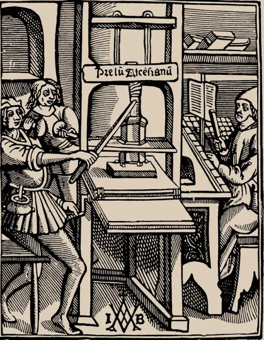 Framed Print : Prelum Ascensianum: printers device with the printing press at work, 1508 Framed Print : Prelum Ascensianum: printers device with the printing press at work, 1508