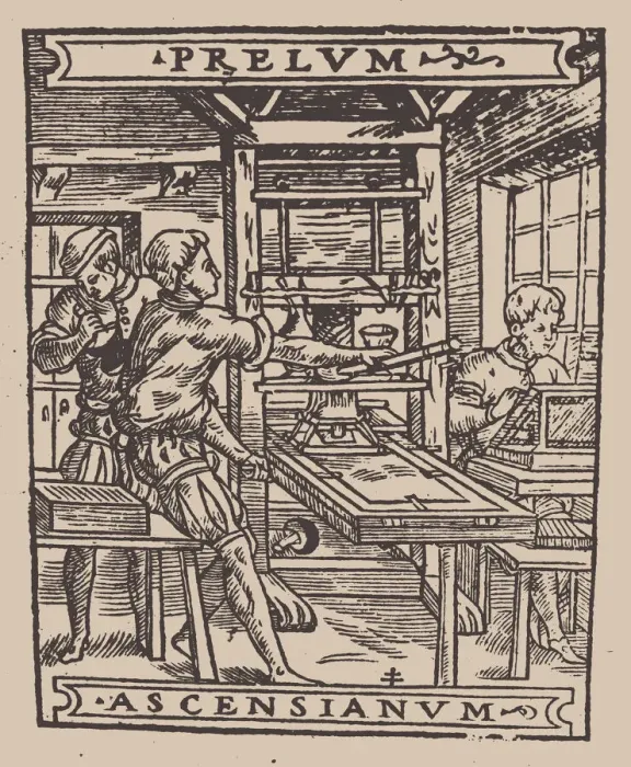 Framed Print : Prelum Ascensianum: printers device with the printing press at work Framed Print : Prelum Ascensianum: printers device with the printing press at work