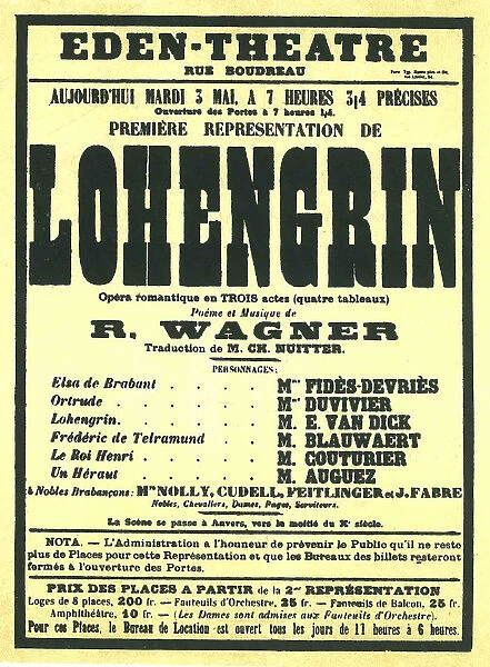 Premiere Poster for the opera Lohengrin by Richard Wagner in the Eden Theatre, Paris, 1887