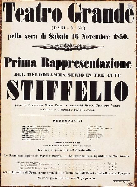 Premiere Poster for the opera Stiffelio by Giuseppe Verdi in Teatro Grande, Trieste, 1850