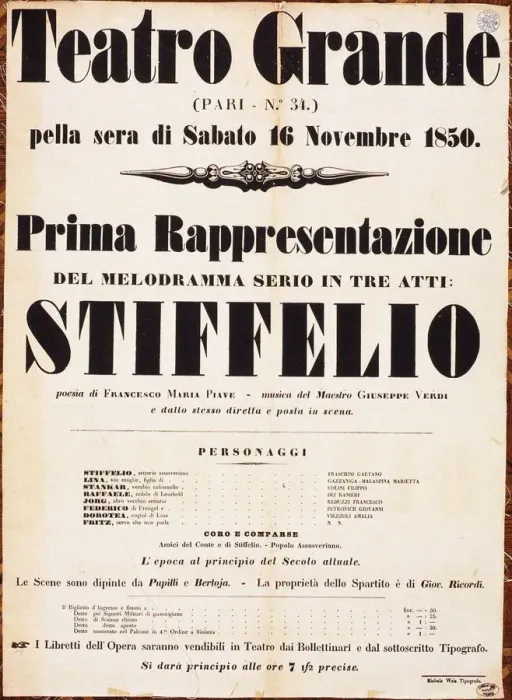 Framed Print : Premiere Poster for the opera Stiffelio by Giuseppe Verdi in Teatro Grande, Trieste, 1850 Framed Print : Premiere Poster for the opera Stiffelio by Giuseppe Verdi in Teatro Grande, Trieste, 1850
