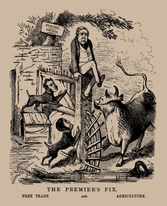 Framed Print : The Premiers Fix. Free Trade and Agriculture (Peel between Free Trade and Protection), April 1845 Framed Print : The Premiers Fix. Free Trade and Agriculture (Peel between Free Trade and Protection), April 1845