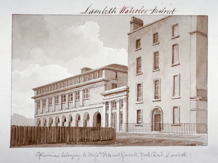 Framed Print : Premises belonging to builders Peto and Grissell in York Road, Lambeth, London, 1828 Framed Print : Premises belonging to builders Peto and Grissell in York Road, Lambeth, London, 1828