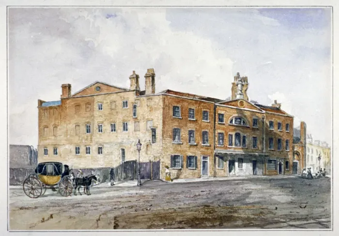 Framed Print : Premises of George March, licensed rectifier, in Cobham Row, Holborn, London, c1830 Framed Print : Premises of George March, licensed rectifier, in Cobham Row, Holborn, London, c1830