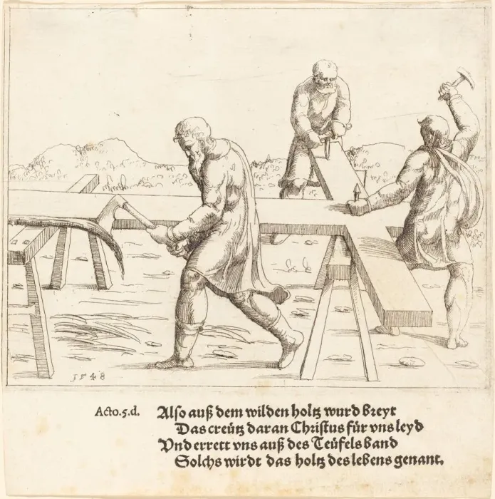 Framed Print : The Preparation of the Cross, 1548. Creator: Augustin Hirschvogel