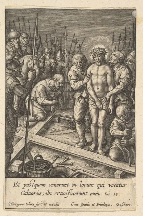 Framed Print : The Preparation of the Cross, before 1619. Creator: Hieronymous Wierix Framed Print : The Preparation of the Cross, before 1619. Creator: Hieronymous Wierix