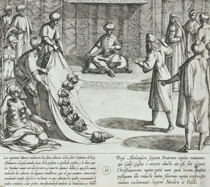 Framed Print : In the Presence of Almanzor, Gonzalo Gustos Identifies the Severed Heads of His Sons, 1612. Creator: Antonio Tempesta Framed Print : In the Presence of Almanzor, Gonzalo Gustos Identifies the Severed Heads of His Sons, 1612. Creator: Antonio Tempesta