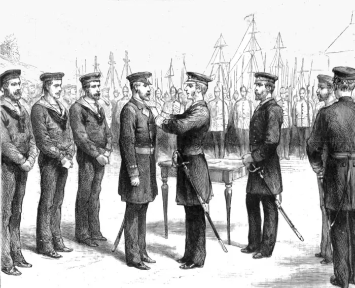 Framed Print : Presentation of the Albert Medal to Mr. John Barber, by Admiral Sir William Dowell... 1890. Creator: Unknown Framed Print : Presentation of the Albert Medal to Mr. John Barber, by Admiral Sir William Dowell... 1890. Creator: Unknown