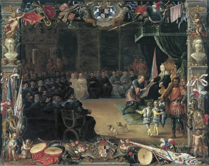 Framed Print : The Presentation of the Captain General's Baton to Antonio Moncada by the Queen Regent....1410, 1664 Creators: David Teniers II, Jan van Kessel Framed Print : The Presentation of the Captain General's Baton to Antonio Moncada by the Queen Regent....1410, 1664 Creators: David Teniers II, Jan van Kessel