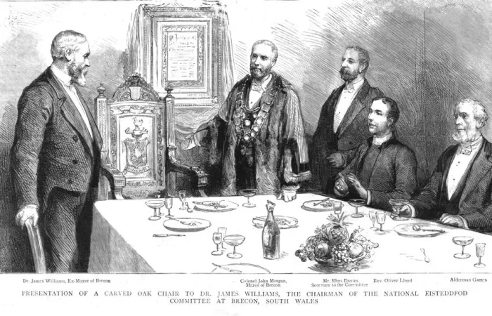 Framed Print : Presentation of a Carved Oak Chair to Dr. James Williams, the Chairman of the National... 1890. Creator: Unknown Framed Print : Presentation of a Carved Oak Chair to Dr. James Williams, the Chairman of the National... 1890. Creator: Unknown