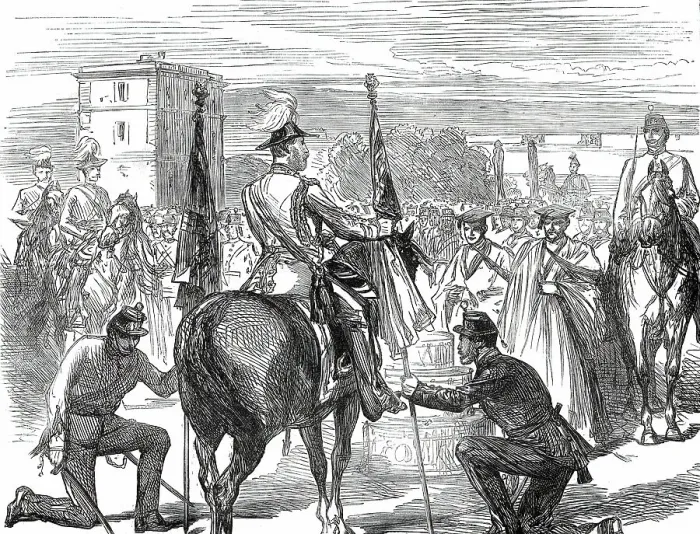 Framed Print : Presentation of Colours to the 98th Regiment by the Prince of Wales at Malta, 1876. Creator: Unknown Framed Print : Presentation of Colours to the 98th Regiment by the Prince of Wales at Malta, 1876. Creator: Unknown
