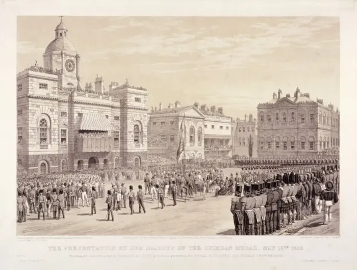 Framed Print : Presentation of the Crimean Medal by Queen Victoria to Colonel Sir Thomas Trowbridge, May 18th 1855 Framed Print : Presentation of the Crimean Medal by Queen Victoria to Colonel Sir Thomas Trowbridge, May 18th 1855