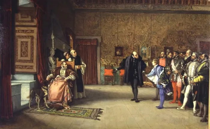 Framed Print : Presentation of D. John of Austria to the Emperor Charles V at Yuste, oil of 1869 Framed Print : Presentation of D. John of Austria to the Emperor Charles V at Yuste, oil of 1869