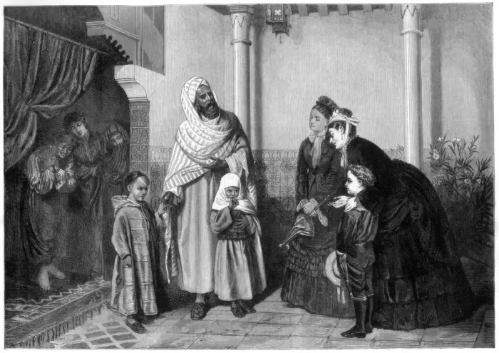 Framed Print : The Presentation, English Ladies Visiting a Moors House, 1875. Artist: John Bagnold Burgess Framed Print : The Presentation, English Ladies Visiting a Moors House, 1875. Artist: John Bagnold Burgess