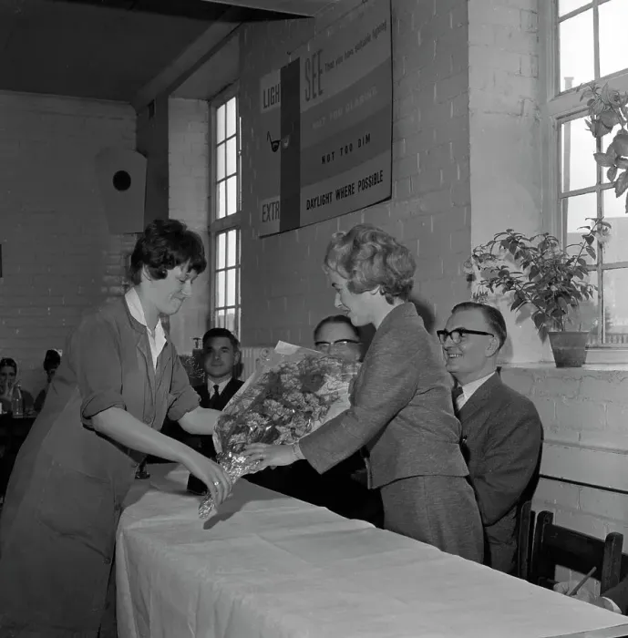 Framed Print : Presentation to a female worker at the ICI Detonator works, Denaby Main, South Yorkshire, 1962 Framed Print : Presentation to a female worker at the ICI Detonator works, Denaby Main, South Yorkshire, 1962