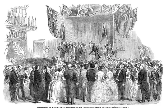 Framed Print : Presentation of a gold vase, at Melbourne, to the Lieutenant Governor of Victoria, 1854 Framed Print : Presentation of a gold vase, at Melbourne, to the Lieutenant Governor of Victoria, 1854