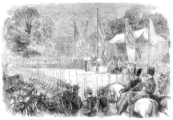 Framed Print : Presentation to the Highgate Rifle Corps of a silver bugle by Miss Burdet Coutts... 1860. Creator: Unknown Framed Print : Presentation to the Highgate Rifle Corps of a silver bugle by Miss Burdet Coutts... 1860. Creator: Unknown