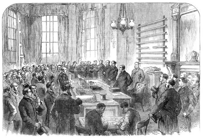 Framed Print : Presentation of the Loyal Irish Address to Mr. Gathorne Hardy, at the Home Office, 1868. Creator: Unknown Framed Print : Presentation of the Loyal Irish Address to Mr. Gathorne Hardy, at the Home Office, 1868. Creator: Unknown