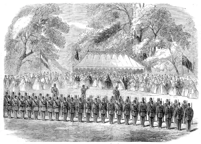 Framed Print : Presentation of a silver bugle by Lady Duff Gordon to the 6th Surrey (Esher) Volunteer... 1860. Creator: Unknown Framed Print : Presentation of a silver bugle by Lady Duff Gordon to the 6th Surrey (Esher) Volunteer... 1860. Creator: Unknown
