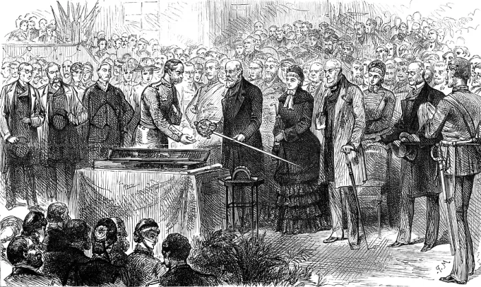 Framed Print : Presentation of a Sword of Honour to Sir Archibald Alison in the City Hall, Glasgow, 1883. Creator: Unknown Framed Print : Presentation of a Sword of Honour to Sir Archibald Alison in the City Hall, Glasgow, 1883. Creator: Unknown