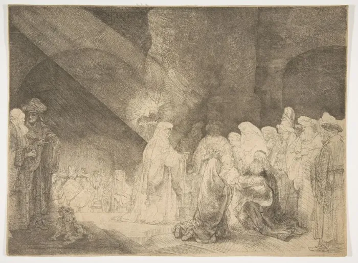Framed Print : The Presentation in the Temple: Oblong Plate. Creator: Rembrandt Harmensz van Rijn Framed Print : The Presentation in the Temple: Oblong Plate. Creator: Rembrandt Harmensz van Rijn