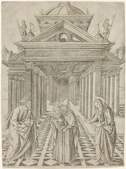Framed Print : The Presentation in the Temple, plate four from the Life of the Virgin and Christ, c.1470. Creator: Francesco Rosselli Framed Print : The Presentation in the Temple, plate four from the Life of the Virgin and Christ, c.1470. Creator: Francesco Rosselli