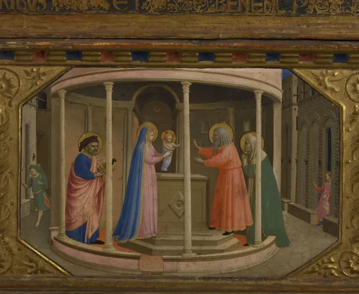 Framed Print : The Presentation in the Temple (The Annunciation retable with 5 Predella scenes), 1430-1432. Artist: Angelico, Fra Giovanni, da Fiesole (ca. 1400-1455) Framed Print : The Presentation in the Temple (The Annunciation retable with 5 Predella scenes), 1430-1432. Artist: Angelico, Fra Giovanni, da Fiesole (ca. 1400-1455)