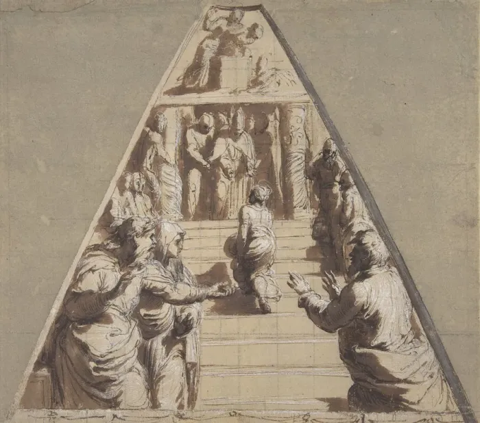 Framed Print : Presentation of the Virgin in the Temple (below), Abraham about to Sacrifice Isaac (above Framed Print : Presentation of the Virgin in the Temple (below), Abraham about to Sacrifice Isaac (above